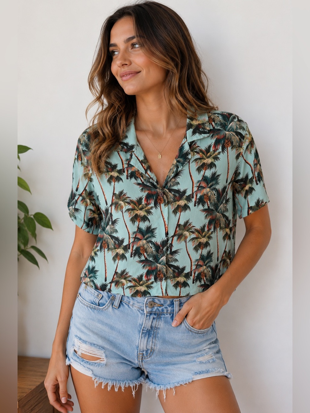 Mavi Mint Green Palm Print Button-Down Shirt Size XS Beach Coastal Summer